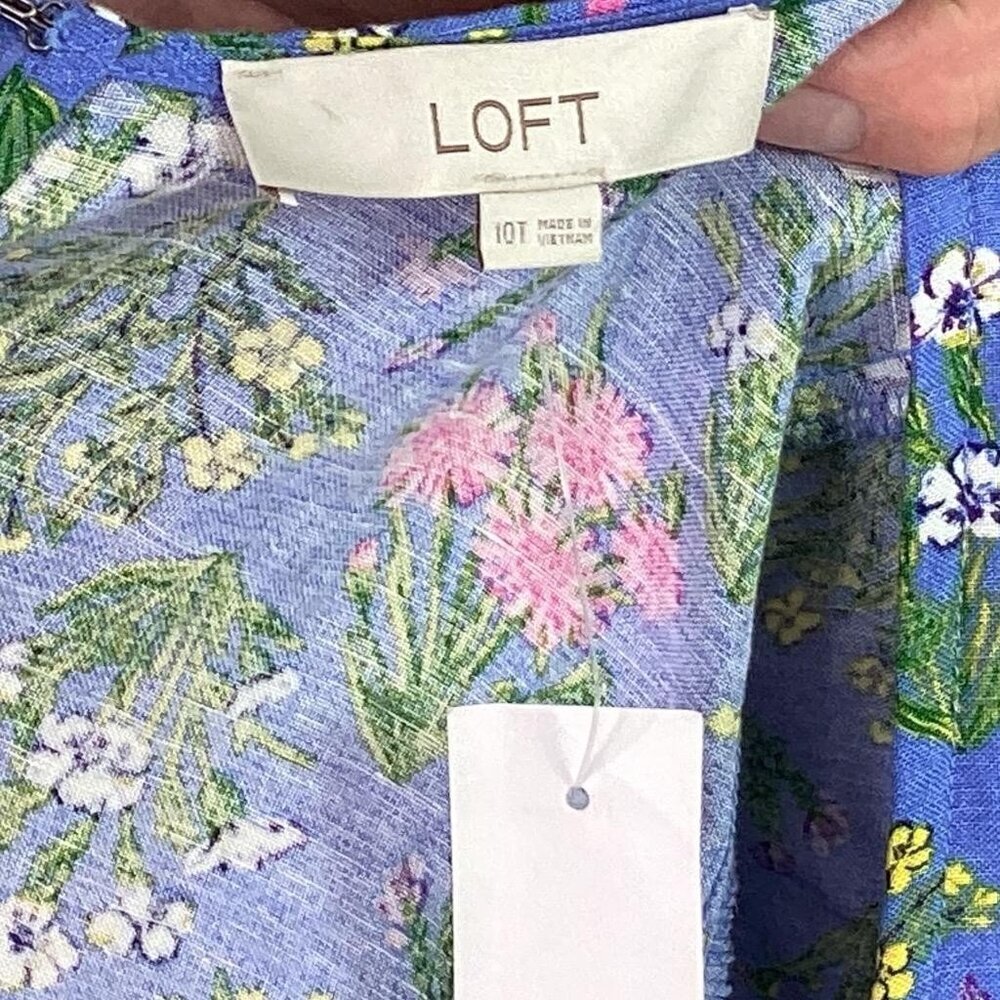 Loft Fit Flare Floral Mini Dress Women 10T Tall Blue Puff Sleeve Cottagecore NEW - Picture 8 of 9